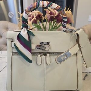 Cream Top-Handle Leather Satchel with Scarf Accent